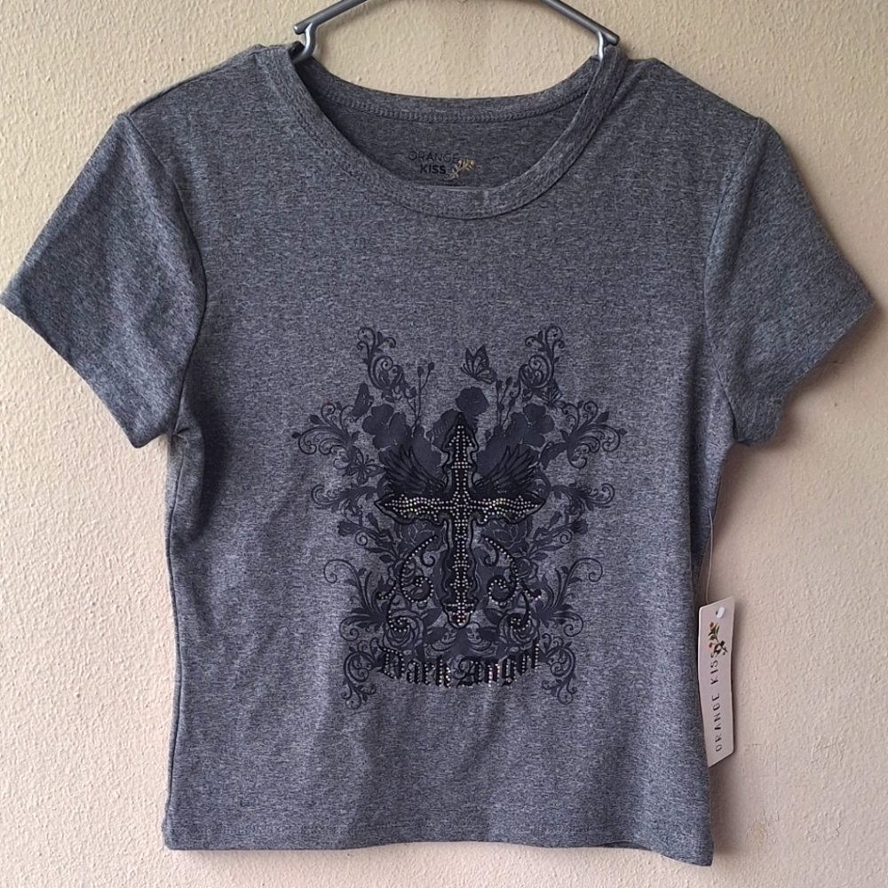 Orange Kiss "Dark Angel" Gray Women's T-shirt Size L NWT